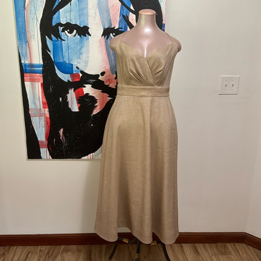 WHBM flax color, a-line midi dress, spaghetti strap cross-front dress